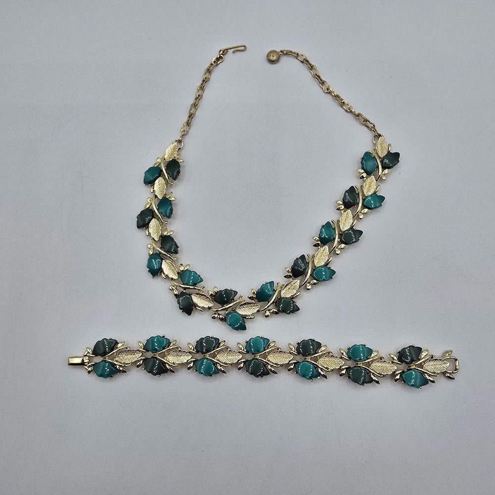 Vintage Leaf Choker Necklace And‎ Bracelet Set Green Gold Tone